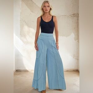 🆕Boho Wide Leg Light Denim Tiered Palazzo Pants | Elastic Waist | Pockets